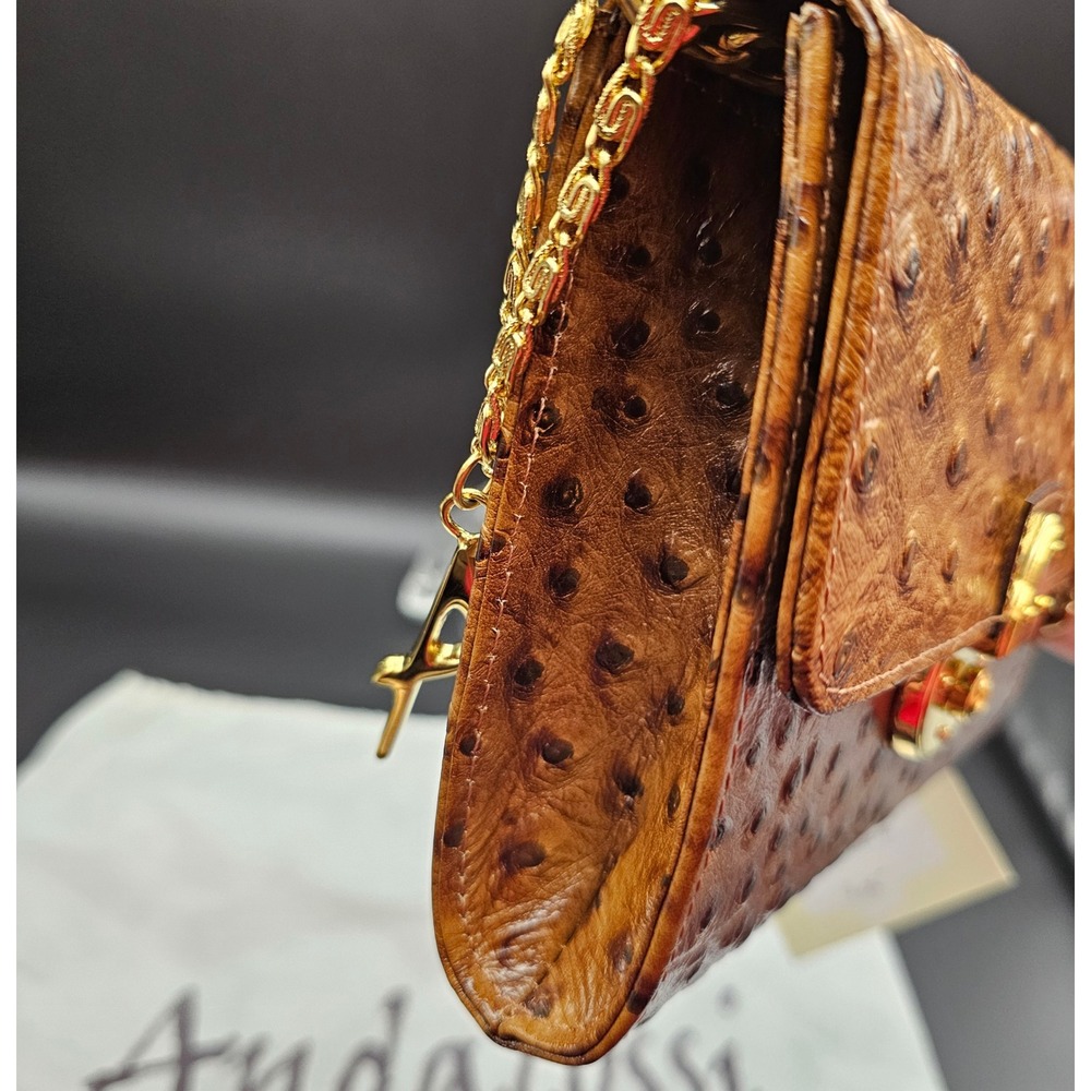 Andalossi Ostrich Embossed Leather Crossbody Flap Chain Shoulder Bag‎ Gold Tan - Picture 9 of 16